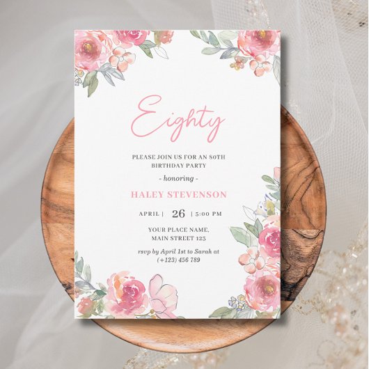Invitation Aquarelle Rose Floral 80e Anniversaire Chic
