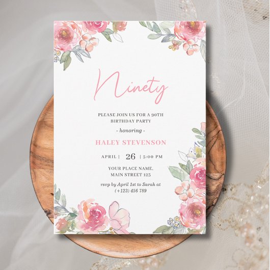 Invitation Aquarelle rose floral 90e anniversaire chic