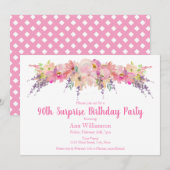 Invitation Aquarelle rose Floral 90e Anniversaire surprenant (Devant / Derrière)