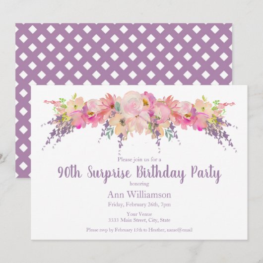 Invitation Aquarelle rose Floral 90e Anniversaire surprenant (Devant / Derrière)