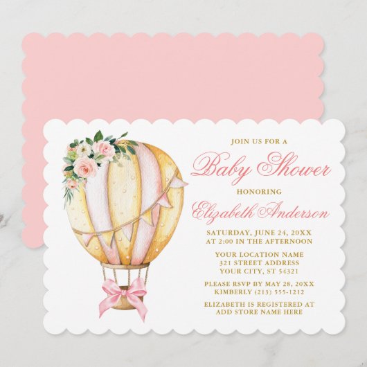 Invitation Aquarelle rose Floral Air Baby shower à bille d'ai (Devant / Derrière)