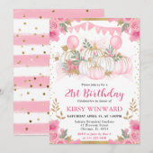 Invitation Aquarelle rose Floral automne Citrouille anniversa (Devant / Derrière)