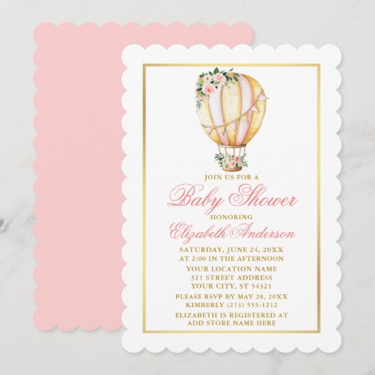 Invitation Aquarelle rose floral Baby shower or (Devant / Derrière)