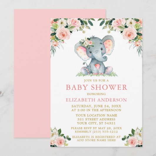 Invitation Aquarelle rose Floral Baby shower or Eléphant (Devant / Derrière)