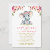 Invitation Aquarelle rose Floral Baby shower or Eléphant (Devant)