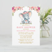 Invitation Aquarelle rose Floral Baby shower or Eléphant (Debout devant)