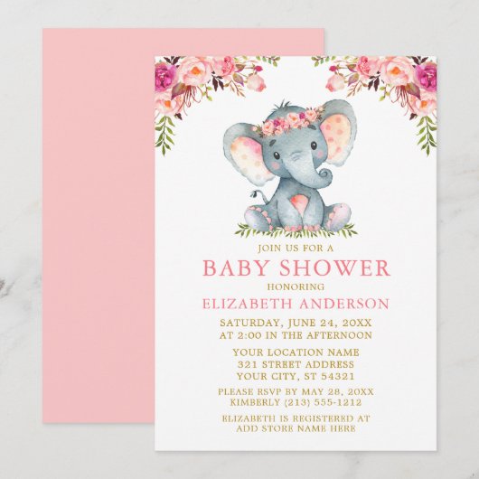 Invitation Aquarelle rose Floral Baby shower or Eléphant (Devant / Derrière)