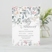 Invitation Aquarelle rose Floral Baby shower vert (Debout devant)