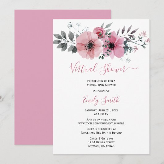Invitation Aquarelle rose Floral | Baby shower virtuel (Devant / Derrière)