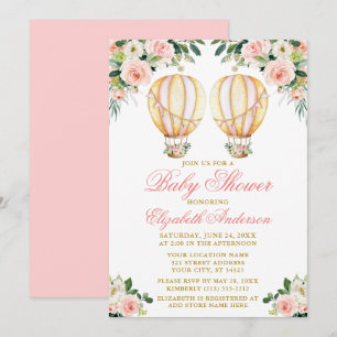 Invitation Aquarelle rose Floral Balloons Baby shower jumeaux