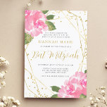 Invitation Aquarelle rose Floral Bat mitzvah or<br><div class="desc">Une belle aquarelle rose Bat mitzvah à fleurs modèle invité . Cet élégant design présente des fleurs d'aquarelle rose,  un cadre géométrique faux or et une bordure de parties scintillant de confetti.</div>