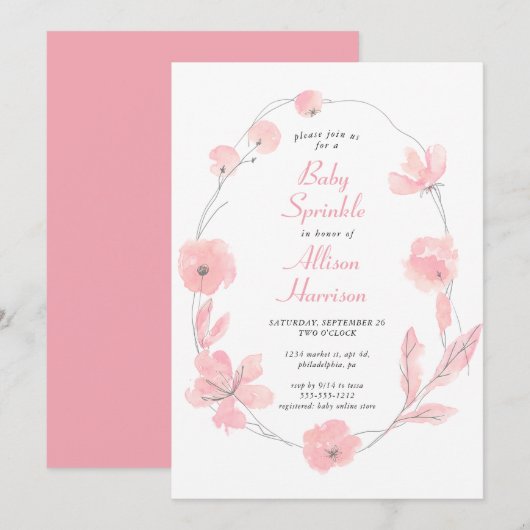 Invitation Aquarelle rose Floral Bébé (Devant / Derrière)