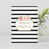 Invitation Aquarelle rose Floral Black Stripes Baby shower (Debout devant)