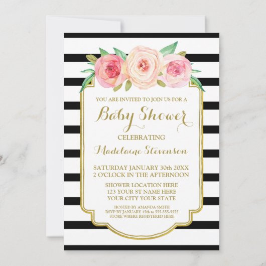 Invitation Aquarelle rose Floral Black Stripes Baby shower (Dos)