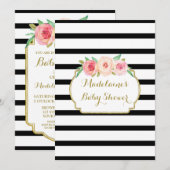 Invitation Aquarelle rose Floral Black Stripes Baby shower (Devant / Derrière)