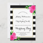 Invitation Aquarelle rose Floral Black White Stripes Mariage (Devant)