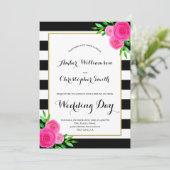 Invitation Aquarelle rose Floral Black White Stripes Mariage (Debout devant)