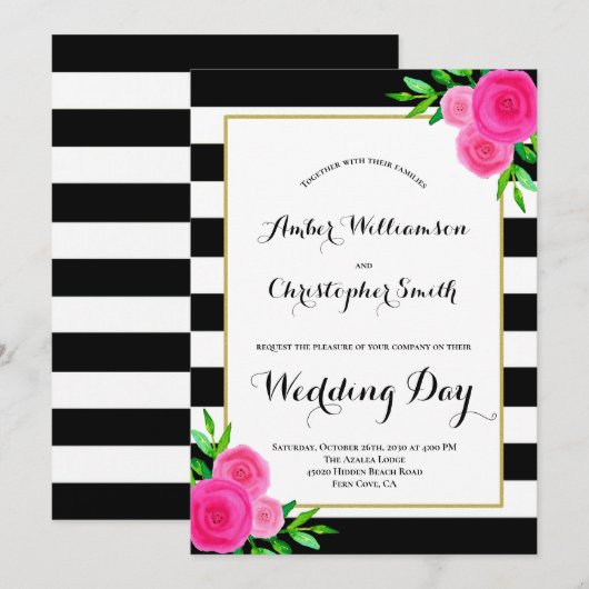 Invitation Aquarelle rose Floral Black White Stripes Mariage (Devant / Derrière)