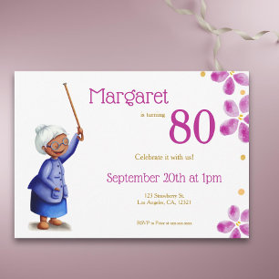 Invitation Aquarelle rose Floral Black Woman 80e anniversaire