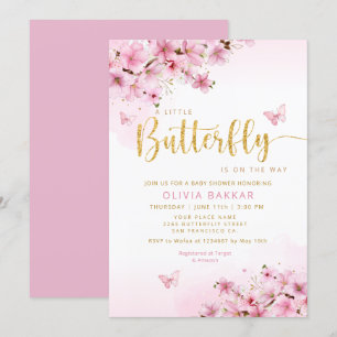 Invitation Aquarelle rose Floral Butterfly Girl Baby shower