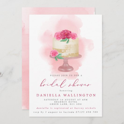 Invitation Aquarelle rose Floral Cake Bride (Devant / Derrière)