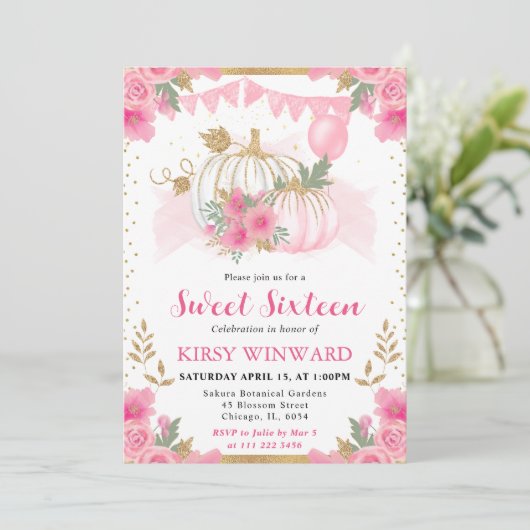 Invitation Aquarelle rose Floral Chute Citrouille doux 16 (Debout devant)