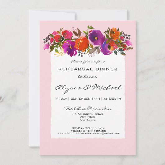 Invitation Aquarelle rose Floral Dîner de répétition Invitati (Devant)