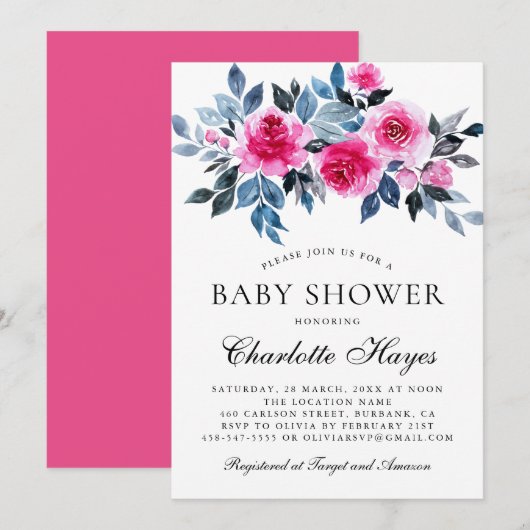 Invitation Aquarelle rose Floral Élégant Baby shower (Devant / Derrière)