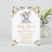 Invitation Aquarelle rose Floral Elephant Baby shower de la c (Debout devant)
