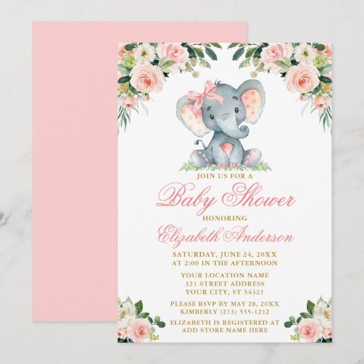 Invitation Aquarelle rose Floral Elephant Baby shower de la c (Devant / Derrière)