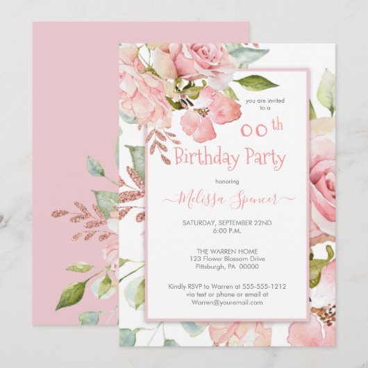 Invitation Aquarelle rose Floral fête d'anniversaire (Devant / Derrière)