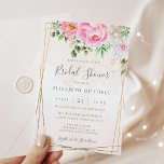 Invitation Aquarelle rose Floral Fête des mariées géométrique<br><div class="desc">Une élégante invitation à la douche nuptiale fleurie avec des fleurs d'aquarelle rose et une calligraphie manuscrite moderne.</div>