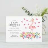 Invitation Aquarelle rose Floral Flamant rose bébé fille Douc (Debout devant)