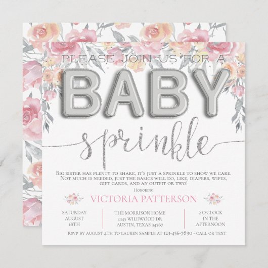 Invitation Aquarelle rose Floral Foil Balloon Bébé saupoudrer (Devant / Derrière)