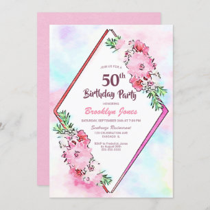 Invitation Aquarelle rose Floral Géométrique 50e anniversaire