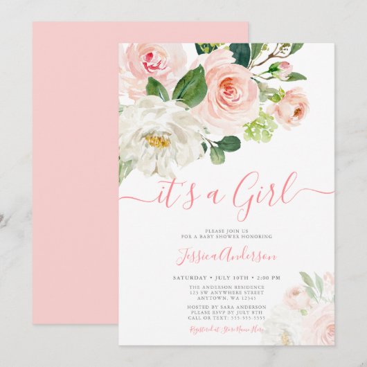 Invitation Aquarelle rose Floral Girl Baby shower (Devant / Derrière)