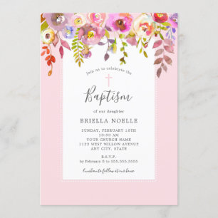 Invitation Aquarelle rose Floral Girl Baptême
