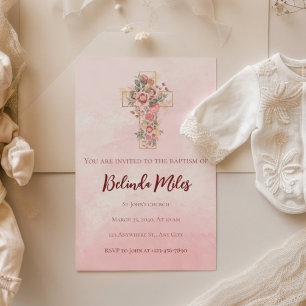Invitation Aquarelle rose Floral Gold Cross Baptême