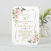 Invitation Aquarelle rose Floral Gold Frame 50e anniversaire (Debout devant)
