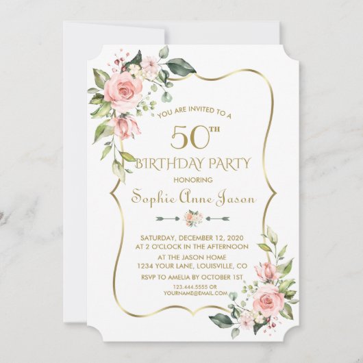 Invitation Aquarelle rose Floral Gold Frame 50e anniversaire (Devant)