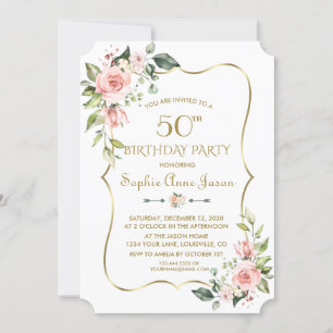 Invitation Aquarelle rose Floral Gold Frame 50e anniversaire