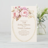 Invitation Aquarelle rose Floral Gold Frame 75e anniversaire (Debout devant)