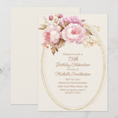 Invitation Aquarelle rose Floral Gold Frame 75e anniversaire (Devant / Derrière)