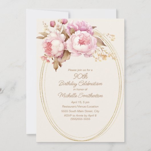 Invitation Aquarelle rose Floral Gold Frame 90e anniversaire (Devant)