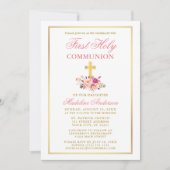 Invitation Aquarelle rose Floral Gold Première communion (Devant)