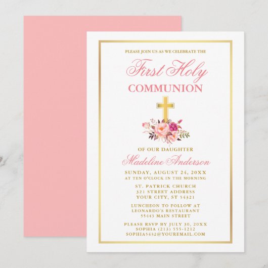 Invitation Aquarelle rose Floral Gold Première communion (Devant / Derrière)