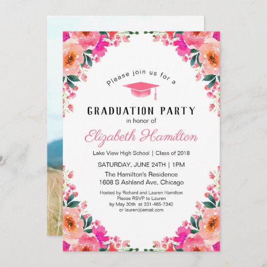 Invitation Aquarelle rose Floral Graduation Party Photo (Devant / Derrière)