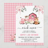 Invitation Aquarelle Rose Floral Grange Animaux de ferme Anni (Devant / Derrière)