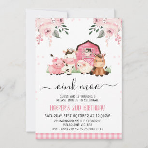 Invitation Aquarelle Rose Floral Grange Animaux de ferme Anni