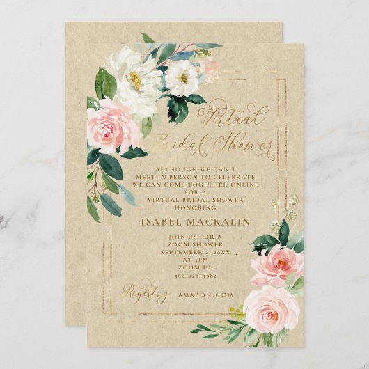 Invitation Aquarelle rose Floral Kraft Fête des mariées virtu (Devant / Derrière)